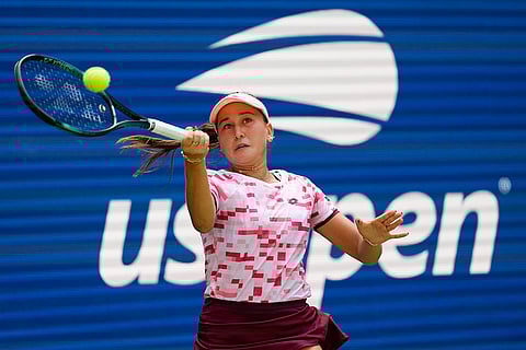 US Open 2024: Kamilla Rakhimova returns a shot to Iga Swiatek during the first round of the U.S. Open